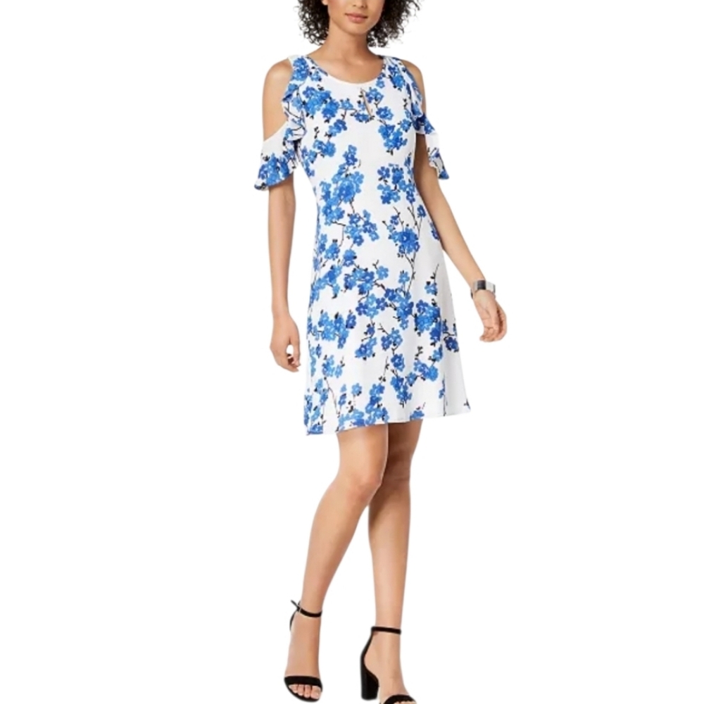 Women's Nine West Blue & White Floral Print Cold Shoulder Dress Sz 10